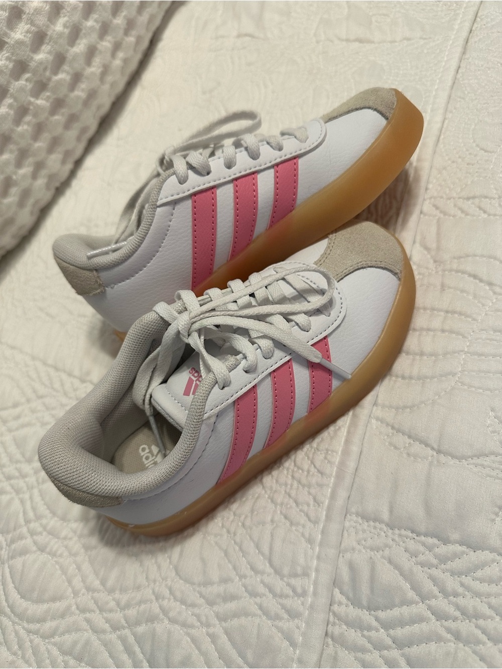 adidas Kids White Sneakers with Pink Stripes and Gum Sole